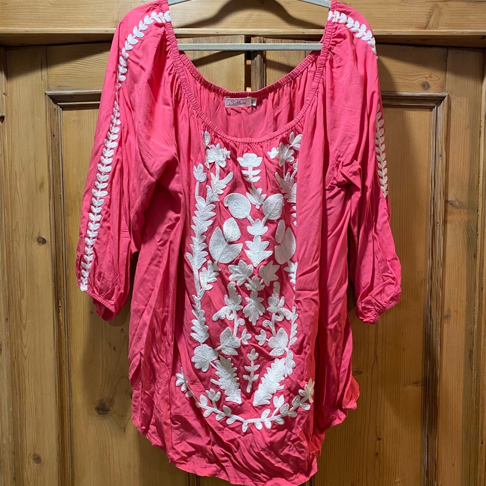 Pink and white embroidered off the shoulder top